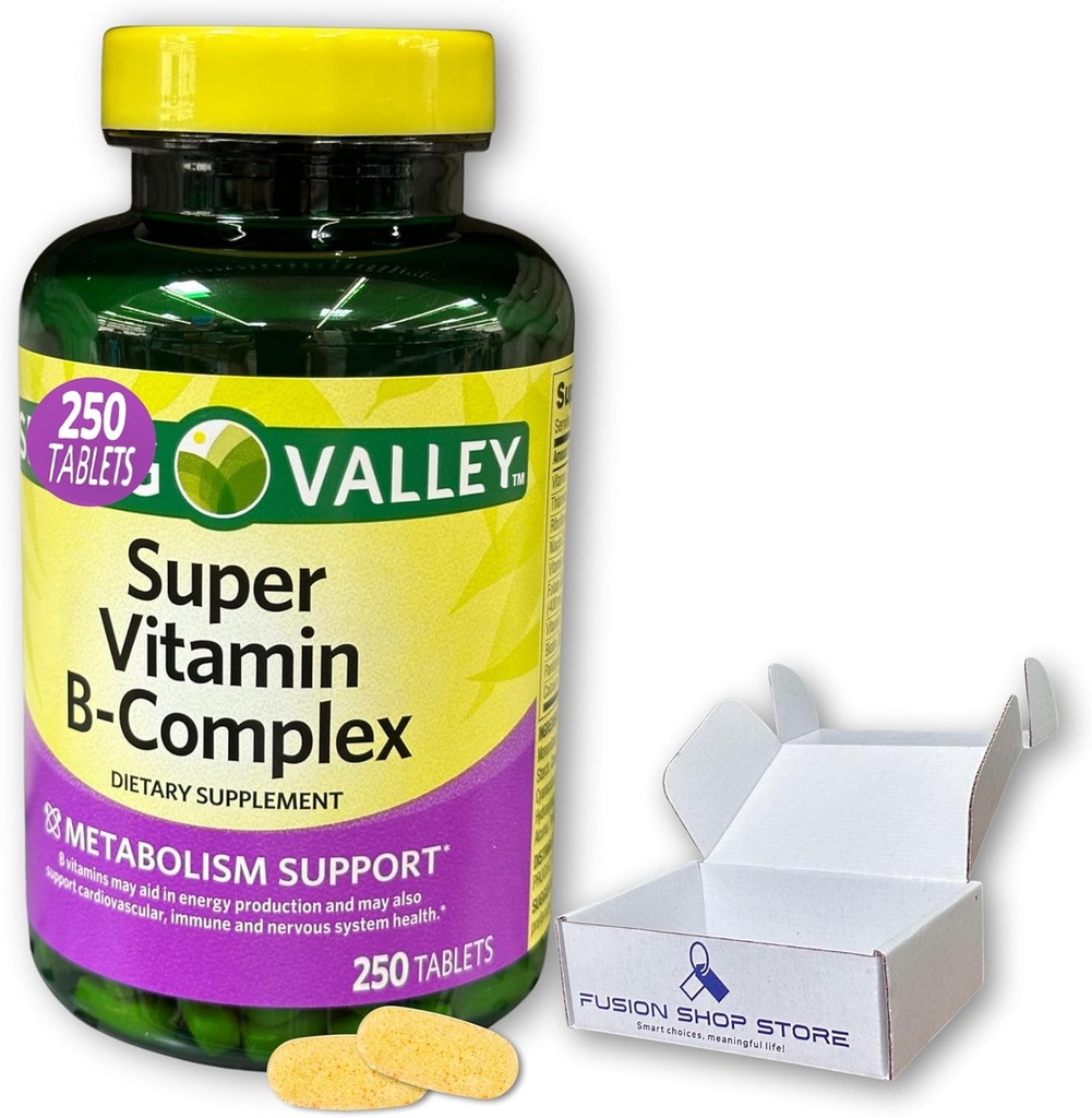 Super ויטמין B Complex Spring Valley- Tablets 250 Count Band of B6 B12 C thiamine ביוטין folate pantothenic Acid ו riboflavin, ארוז על ידי Fusion Shop