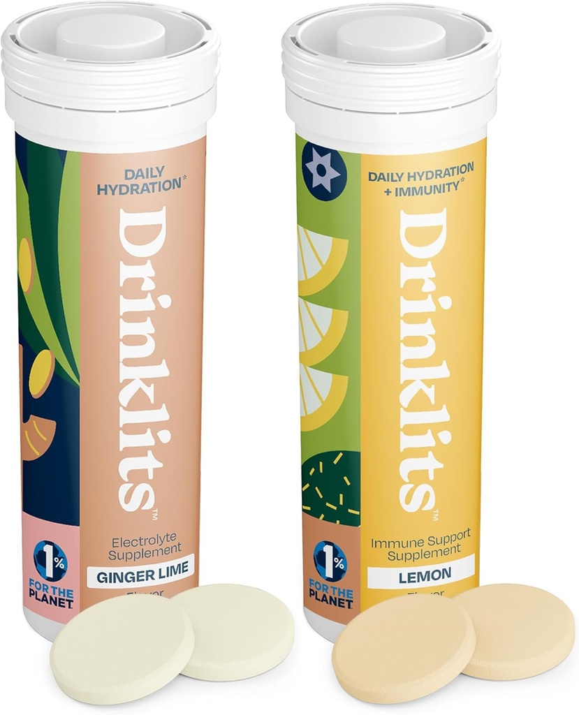 שתיית אלכוהול ג'ינג'ר-לימה (Lime hydrotion & Lemon Immune Support (2) Tube Combo Pack | Great Taste - Daily Electrolytes - Essential הויטמינים | 20 משרתים (10 טבליות Per Tube)