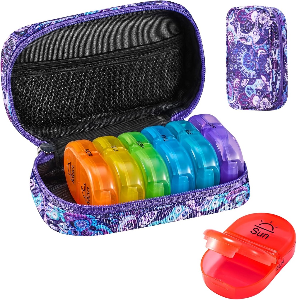 Serfeymi® Travel Pill Productionser 2 Times A Day AM PM שדרג את תיבת הגלולה 7 ביום עם Portable Zipper Canvas Pill Case, מארגנת תרופות עבור גלולות, ויטמינים, שמן דגים - סגול 01