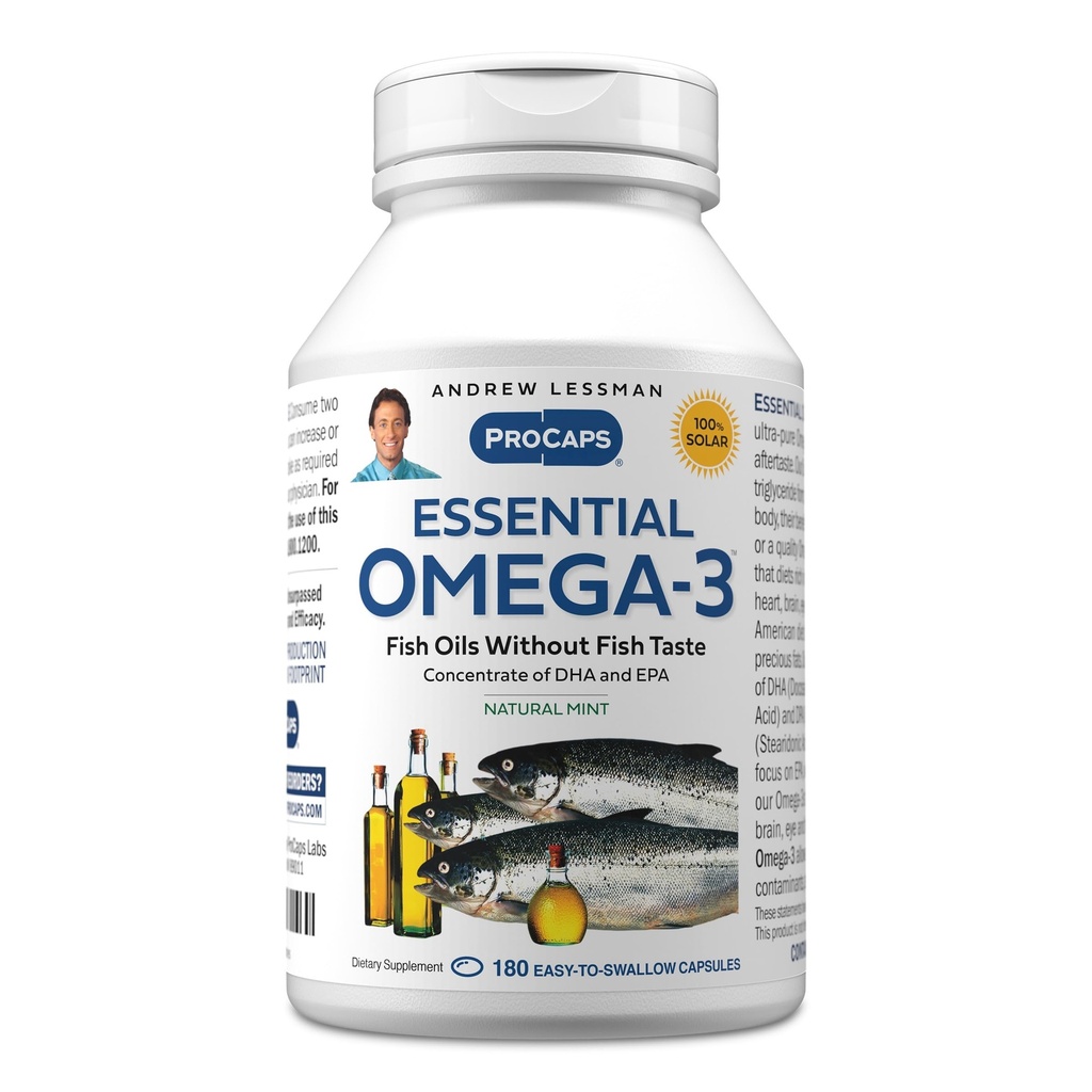 ANDREW LESSMAN Essential אומגה 3 Mint - 180 Softgels - Ultra-Pure, שמן אומגה 3 גבוה. DHA גבוה, No Stomach Upset, No Contaminants, No Mercury. קל ל-Swallow Softgels