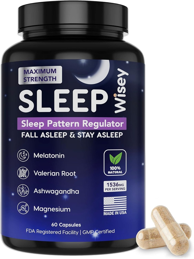 Wisey Natural Sleep Aid - מקדם שינה בריאה ורגיעה - תוספי שינה צמחיים למבוגרים עם ולריאן, מלטונין, מגנסיום, אשוגנדה - Non-Habit Forming - 60 קפסולות