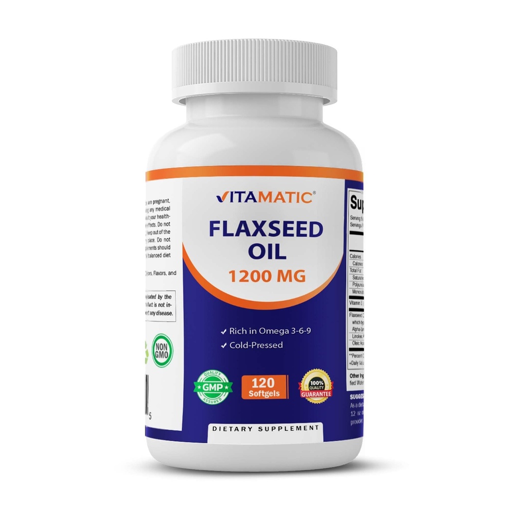 Vitamatic Flaxseed Oil 1200 מ"ג - 120 Softgels Cold-Pressed Oil עם 675 מ"ג ALA אומגה 3 - תומך בריאות הלב ו- Total Wellness