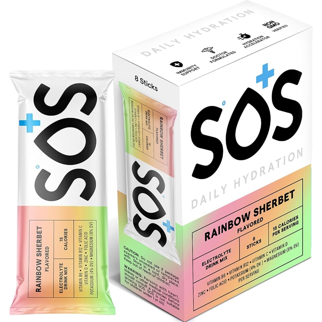 SOS hydrolyte אבקת Stick Packs | Low Sugar | Rapid Rehydration | Made in USA | Keto | Rainbow שרברט