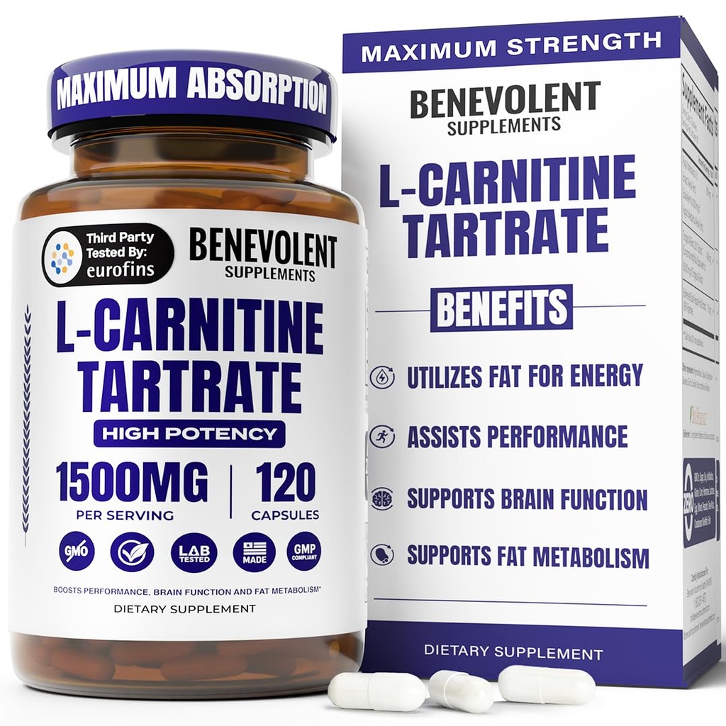 Benevolent L Carnitine תוסף - High Potency 1500 מ"ג L-Carnitine Tartrate - Fast Absorbing, להמיר שומן לאנרגיה, לתמוך שריר Lean, Boost Workout Performance & Metabolism - 120 קפסולות טבעוניות