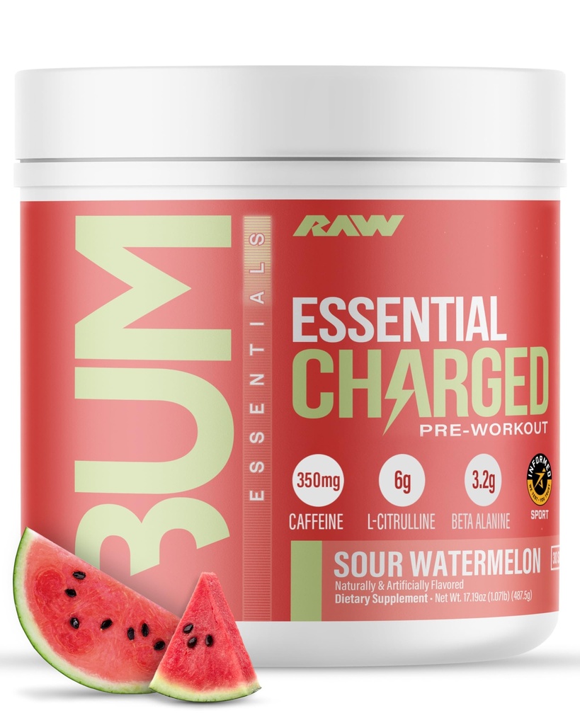 אבקת RAW Pre-Workout, Essential CHARGED (Sour Watermelon) - תוספת Preworkout לגברים ונשים - תמיכה להתמקד, Mood & Performance - Caffeine, Alpha-GPC, L-Citrulline, Alan (25 משרתים)