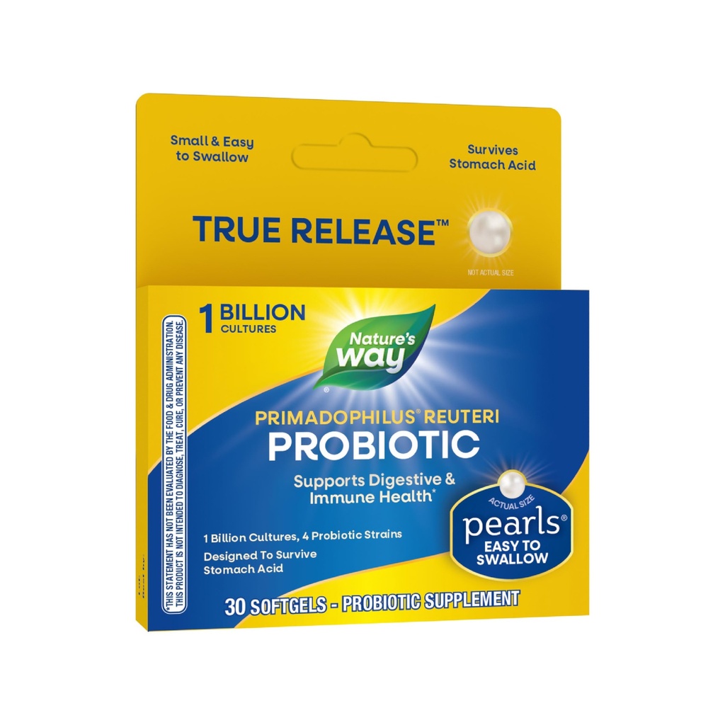 דרכו של הטבע Primadophilus Reuteri Probiotic Pearls for Men and Women, Digestive and Immune Health*, 1 מיליארד תרבות, 4 Probiotic Strains, Survives Stomach Acid, 30 Softgels