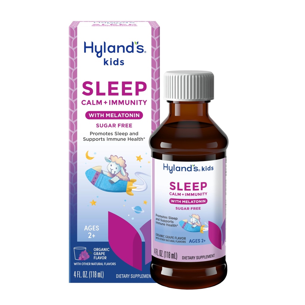 הילדים של Hyland ישנים Calm & Immunity עם מלטונין, סוכר חינם Sleep Aid נוזלי עם Magnesium, ויטמין D, Zinc & Elderberry, מקדם שינה ותמיכה בריאות החיסון, ימים 2 +, Grape Flavor, 4 Fl. Oz.