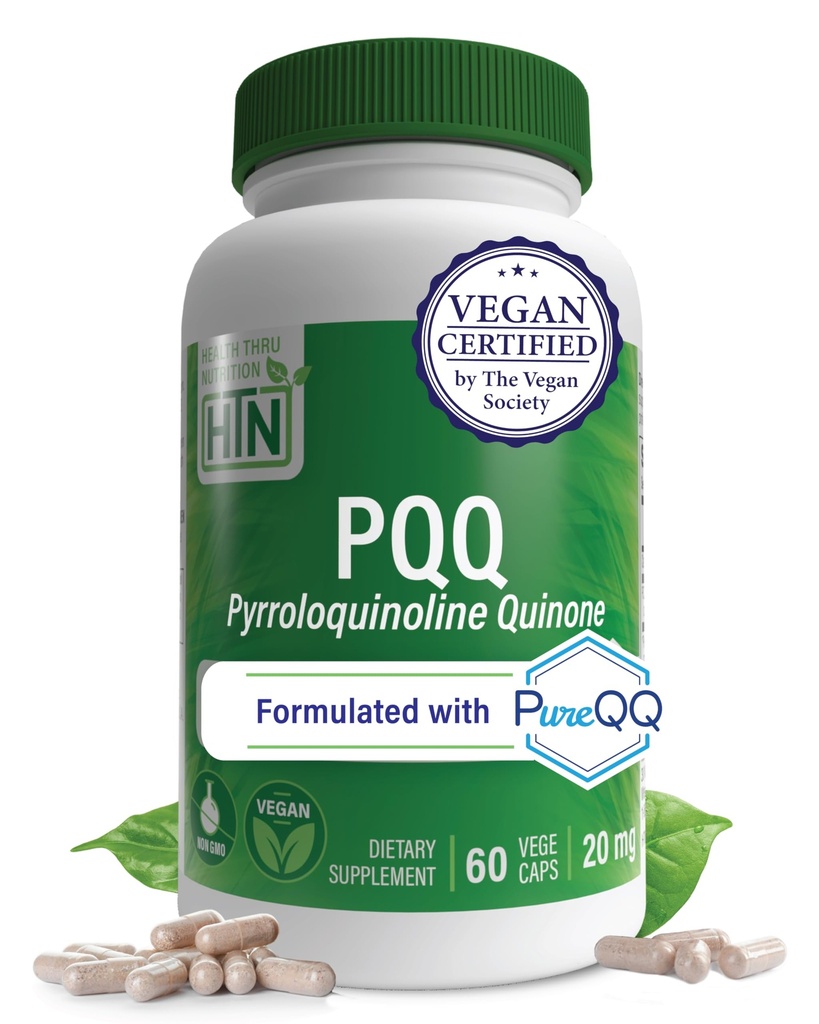 בריאות Thru Nutrition PQ 20 מ"ג 60 לשרת Pyrroloquinoline Quinone כמו PureQ | מקדם Mitochondrial Biogenesis | מוסמך טבעוני | Non-GMO Gluten Soy חינם קפסולות תוספת