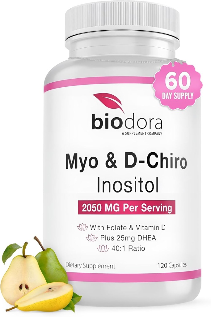 Myo & D-Chiro Inositol תוסף, עם Folate ו- ויטמין D, 40 עד 1 Ratio, כולל DHEA, מסייעות איזון הורמונלי, תפקוד Ovarianfunction, 2050 מ"ג לכל משרת, 120 קפסולות.