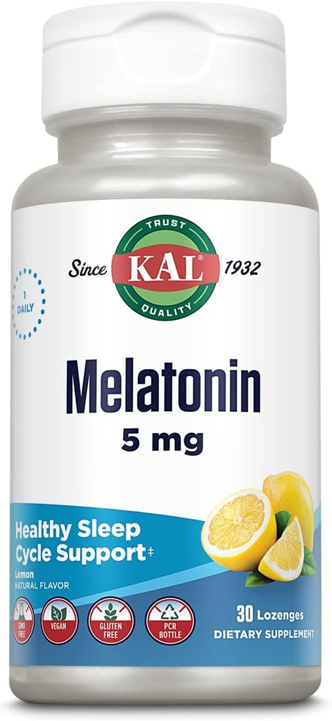 KAL Melatonin 5 מ"ג Sleep Aid Lozenges, תוסף מלטונין תומך איכות השינה, הקלה מרגיעה ומחזור שינה בריא, עם תוספת ויטמין B6, Vegetarian, Natural Lemon Flavor, 30 Lozenges