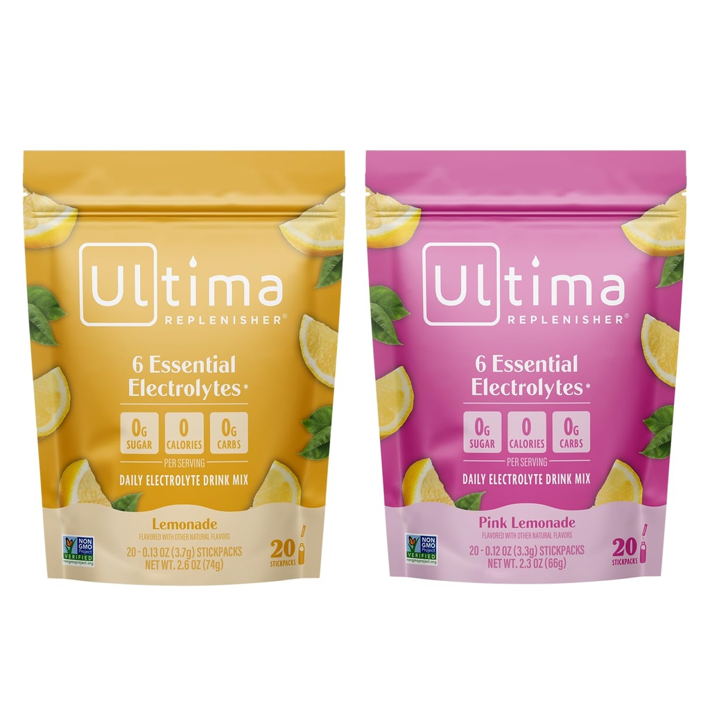 Ultima Replenisher Electrolyte אבקת לשתות Mix Bundle - סוכר חינם - Lemonade ורוד Lemonade, 20 Stickpacks - 6 אלקטרוליטים מינרלים - Keto Friendly, טבעוני, non-GMO