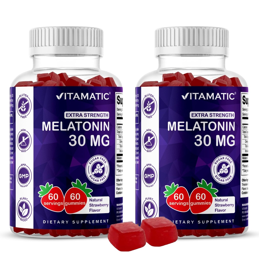 Vitamatic Sugar Free Melatonin 30 מ"ג לחניכיים - 60 משרתות - 60 חניכיים צמחוניות - Non-Habit Forming תוסף (60 Count (Pack of 2))