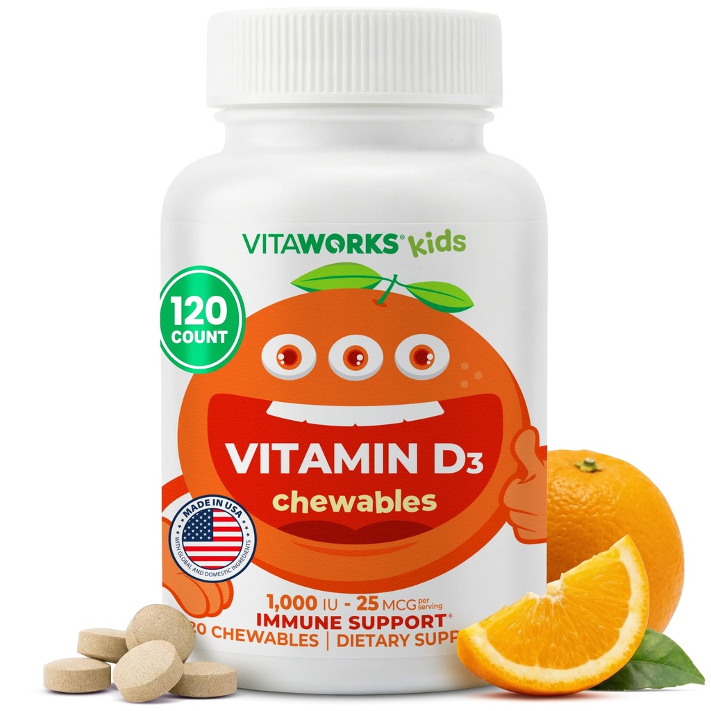 ילדים ויטמין D 1000 IU Chewable Tablets - Tasty Natural Orange Flavor - טבעוני, GMO-Free, Gluten חינם, Nut חינם ויטמינים - תוספת תזונתית עבור תמיכה חיסונית - עבור ילדים - 120 צ'כוסים