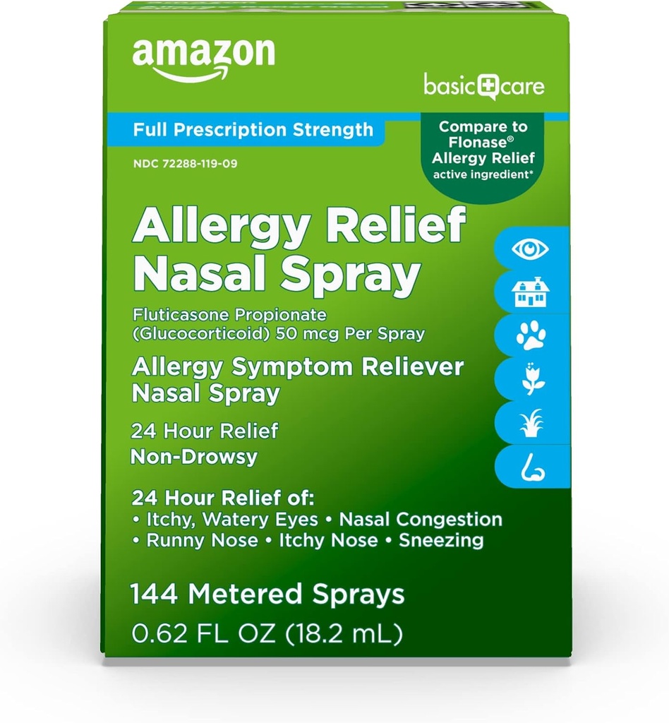 טיפול בסיסי 24Hour Allergy הקלה Nasal Spray, Fluticasone Propionate (Glucocorticoid), 50 mcg, כוח פרס מלא, non-Drowsy, 0.62 floz (Pack of 1)