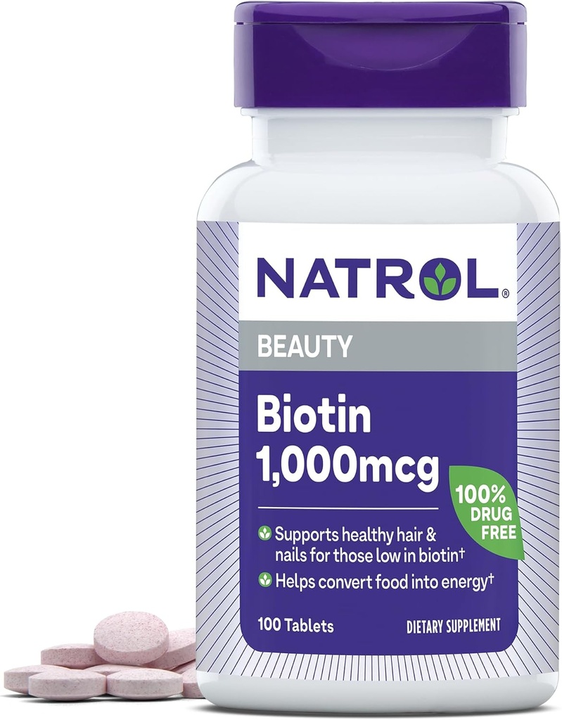 Natrol Beauty Biotin 1000mcg, תוספת תזונתית לשיער בריא, עור, ציפורניים ואנרגיה מטבוליזם, 100 טבליות, 100 יום אספקה (Pack של 12)