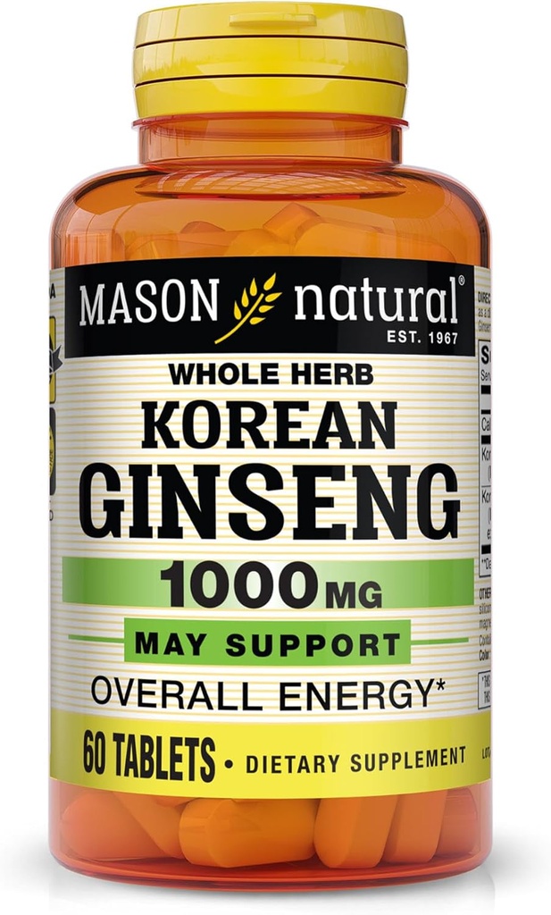 MASON NATURAL קוריאני גיינסנג 1,000 מ"ג, תומך אנרגיה, אנדורנס וינאליות, 60 טבליות
