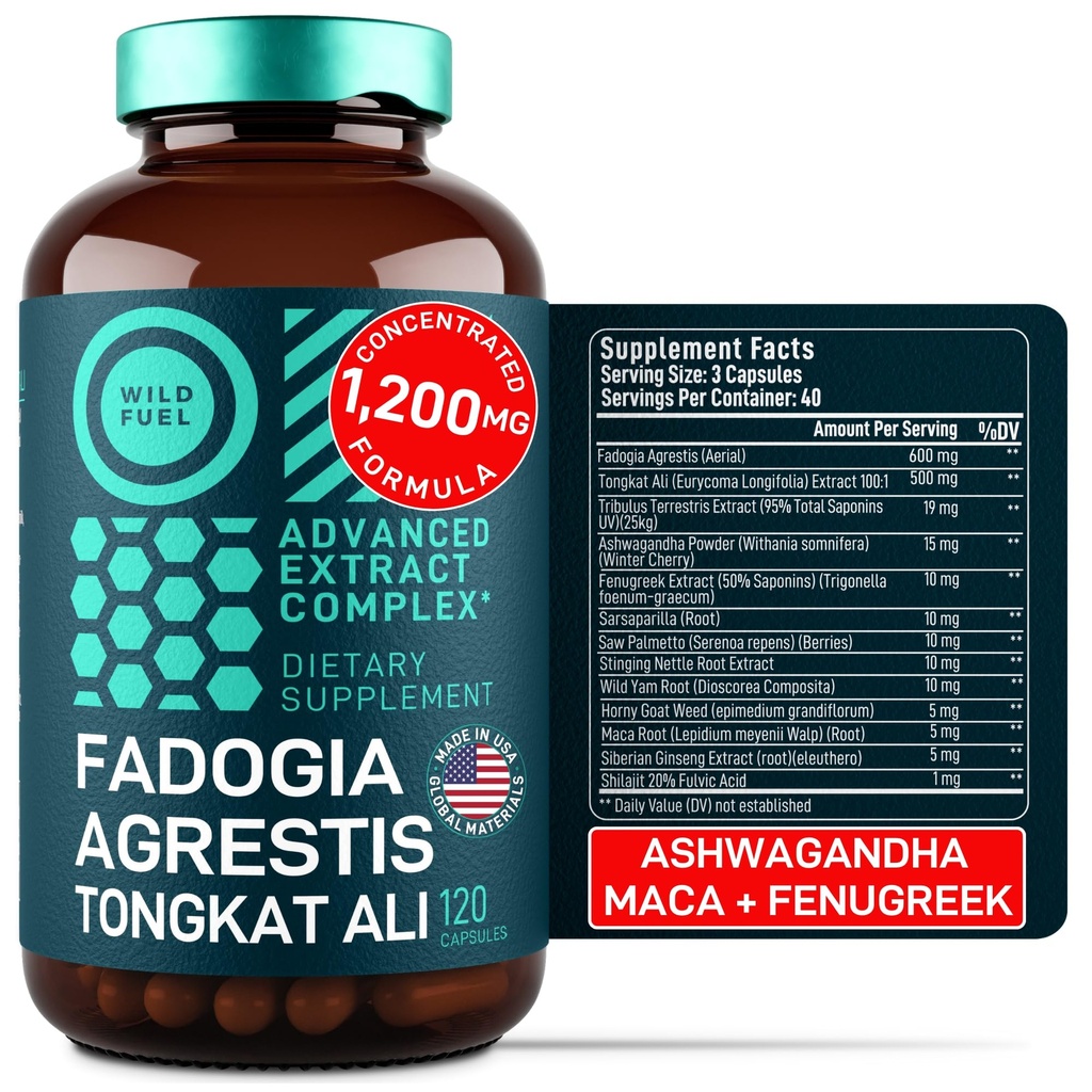 Fadogia Agrestis ו Tongkat Ali תוסף - 600 מ"ג Fadogia Agrestis עבור גברים, 500 מ"ג Longjackטונגkat Ali, Ashwagandha Maca Panugreek Complex - כוח שרירים, אנרגיה, תמיכה Mood - 120 קפסולות