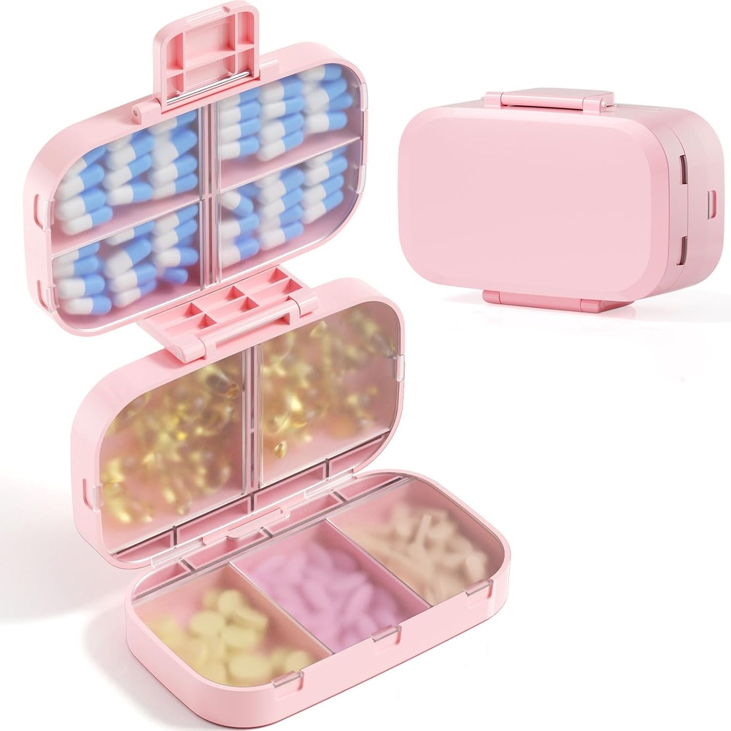 MeACOLIA Triple-Folding Pill Organer, 9 השוואתי נסיעות עם יכולות גדולות, Daily Pill Box Small Pill Container for ויטמין, Cod Liver Oil,Supplements (Pink)