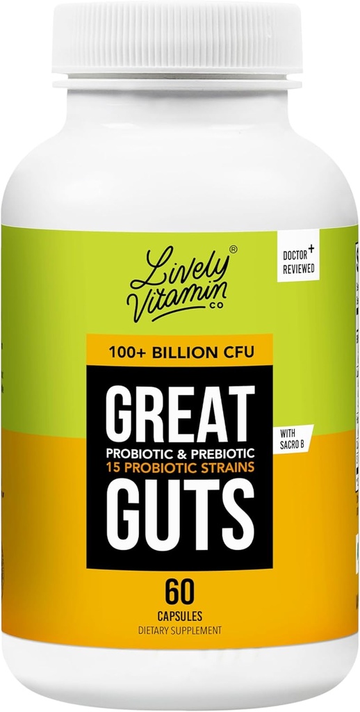 Lively VITAMIN CO. Great Guts Probiotic - 100 מיליארד CFU Probiotic - Balance Gut Microbiome, GI Tract, Inflammation, Indigestion, Reflux, Upset Stomach, & Diarrhea - 60 Caps Caps Trasct, Inflammation, Indgestion, Reflux, Upset Stomach, & Diarrhea - 60 Capshea - 60 Capshua - 60 Capshea - 60 Capshua - 60 Caps