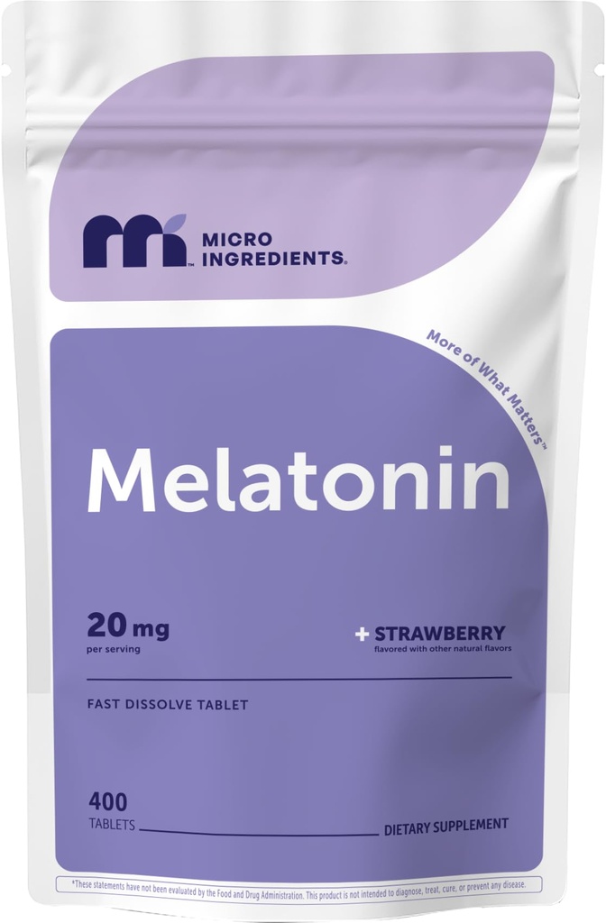 Micro Ingredients Melatonin 20mg, 400 טבליות | Strawberry Flavor | Fast Dissolve | 100% סמים חינם | Vegetarian Friendly
