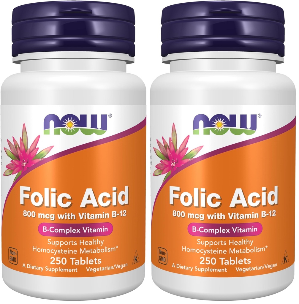 עכשיו תוספי מזון, Folic Acid 800 mcg + B-12 (Cyanocobain) 25 mcg, B Complex ויטמין, 250 טבליות (Pack של 2)