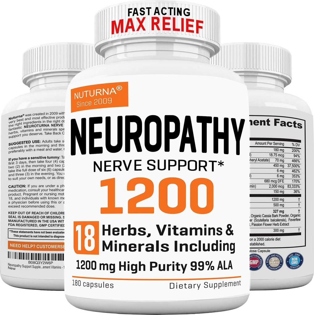 תוספי תמיכה נוירופתיה עם 1200 מ"ג HP-99 Alpha Lipoic Acid - Max Power ALA Nerve Formula for Feet Hands Fingers Legs - Ultra Potent 18 ב 1 Natural Nerve ויטמינים - 180 קפסולות