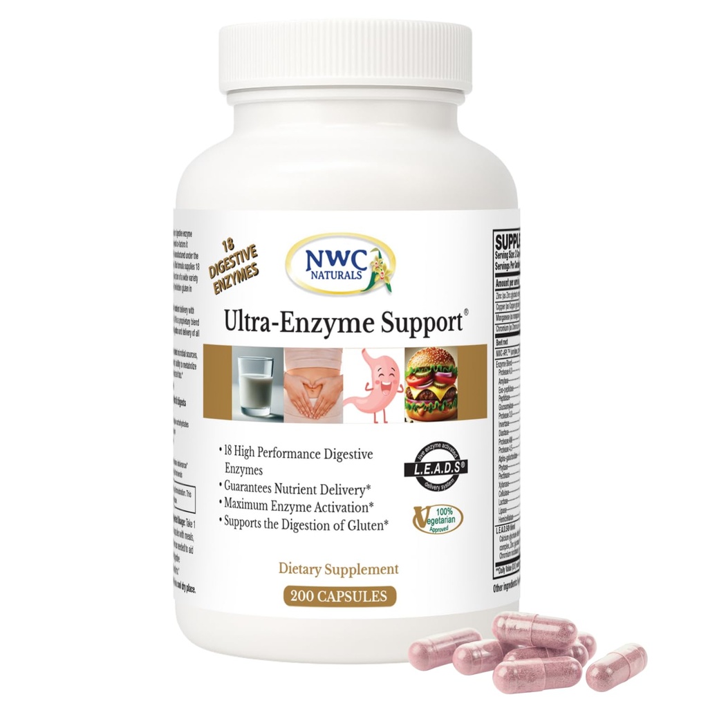 NWC Naturals Ultra-Enzyme תמיכה, תוספי תזונה טבעיים, מקדם בריאות אופטית וחשיפה, 200 קפסולות ספירה