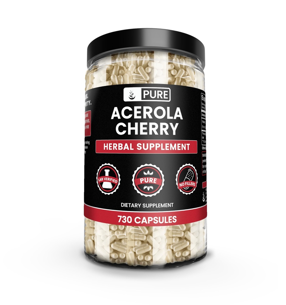 Acerola Cherry (730 קפסולות) No Magnesium Or Rice Fillers, Always Pure, Lab מאומת