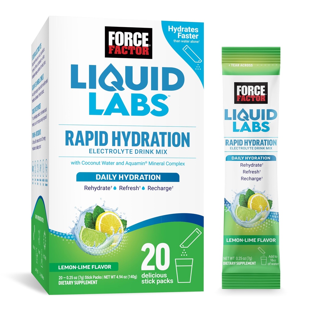ראשי התיבות של FACTOR Liquid Labs Electrolytes אבקת Packets -Lemon Lime - Hydration Packets to Make Electrolyte Water with 5 Essential Electrolytes, ויטמינים, מינרלים ואנטיoxidants, 20 חבילות Stick Packs