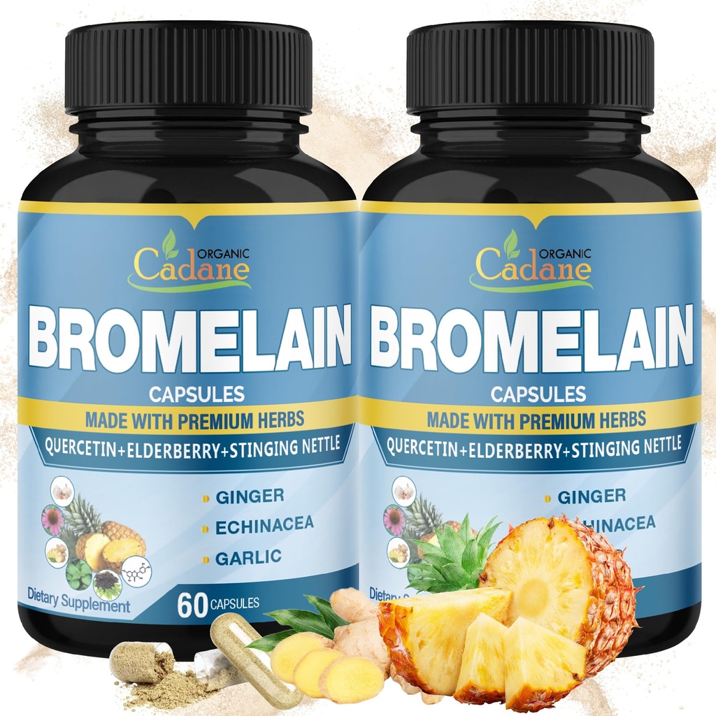 אורגני Cadane 2 Packs 60caps של קפסולות Bromelain, עם Bromelain, Quercetin, Elderberry, ג'ינג'ר, Echinacea, Garlic, Black Pepper