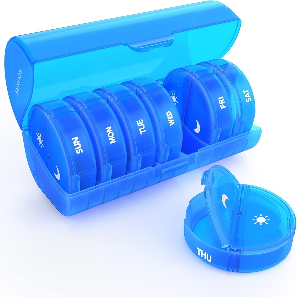 מארגנת גלולות שבועיות 7 יום 2 פעמים ביום, Sukuos Small Travel Pill Box for Pills/Vitamin/Fish Oil/Supplements, Daily Medicine Productionser Box, BPA Free Pill Case, Easy to ניקוי