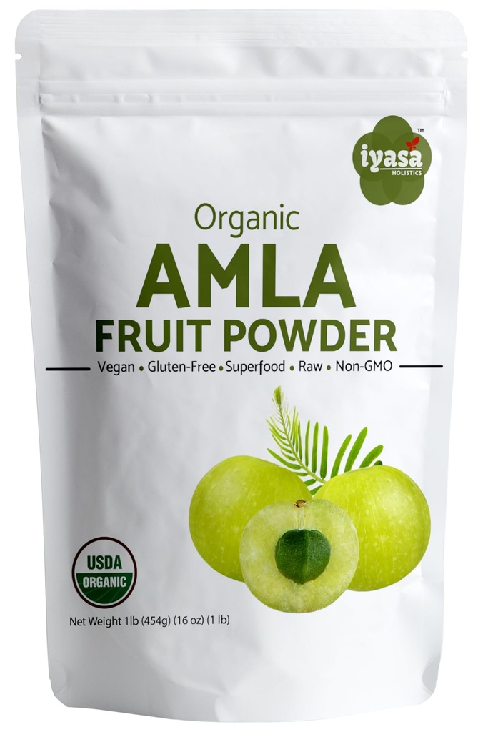 Iyasa Holistics אורגני Amla פירות אבקה, Amalaki ברי אבקת, 16 אונקיה 452 גרם, Raw Superfood for Skin and Hair, Resealable Pouch