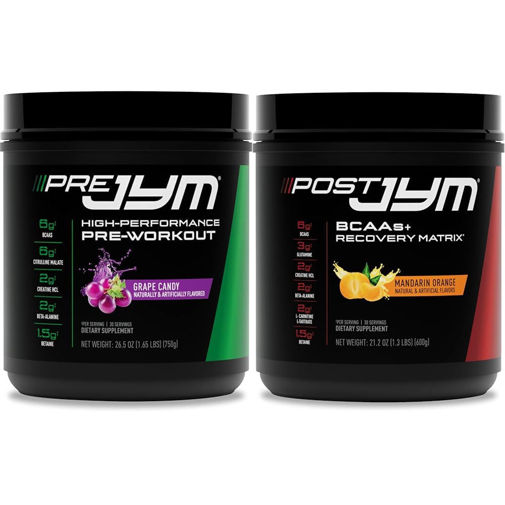 טרום JYM Grape Candy Pre Workout אבקה ופוסט JYM Active Matrix Post-Workout תוספי Bundle, 30 משרתות כל אחד