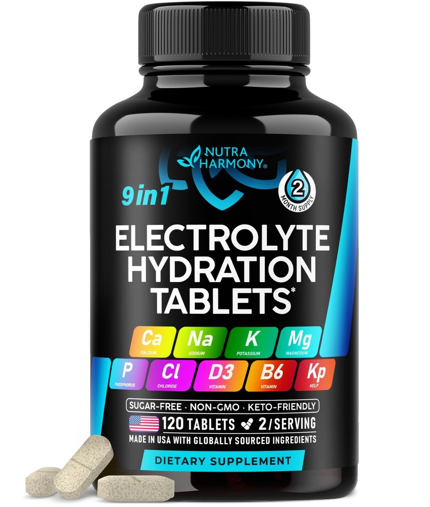 Electrolytes - טבליות אלקטרוליטיות עם Magnesium, Sodium, Potassium, Chloride, ויטמינים D3 & B6, אבקת Kelp - סולמות - מיוצר בארה"ב - טבליות אוראליות כמו קפסולות - טבעוני & Keto Friendly - 120 טאפסים