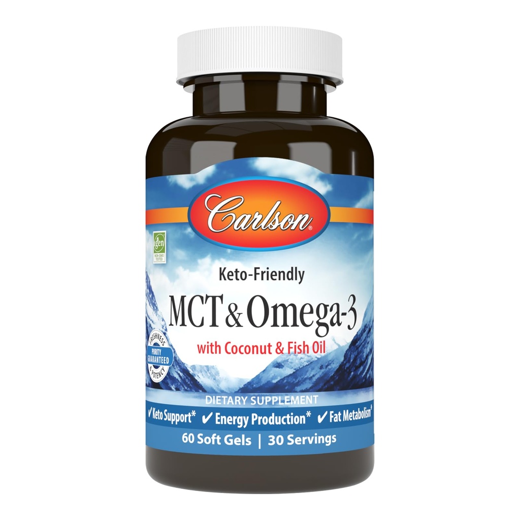 קרלסון - MCT & אומגה 3, שמן קוקוס, Caprylic & Capric Acids, EPA & DHA, ייצור אנרגיה, מטבוליזם שומן ובריאות המוח, 60 Softgels