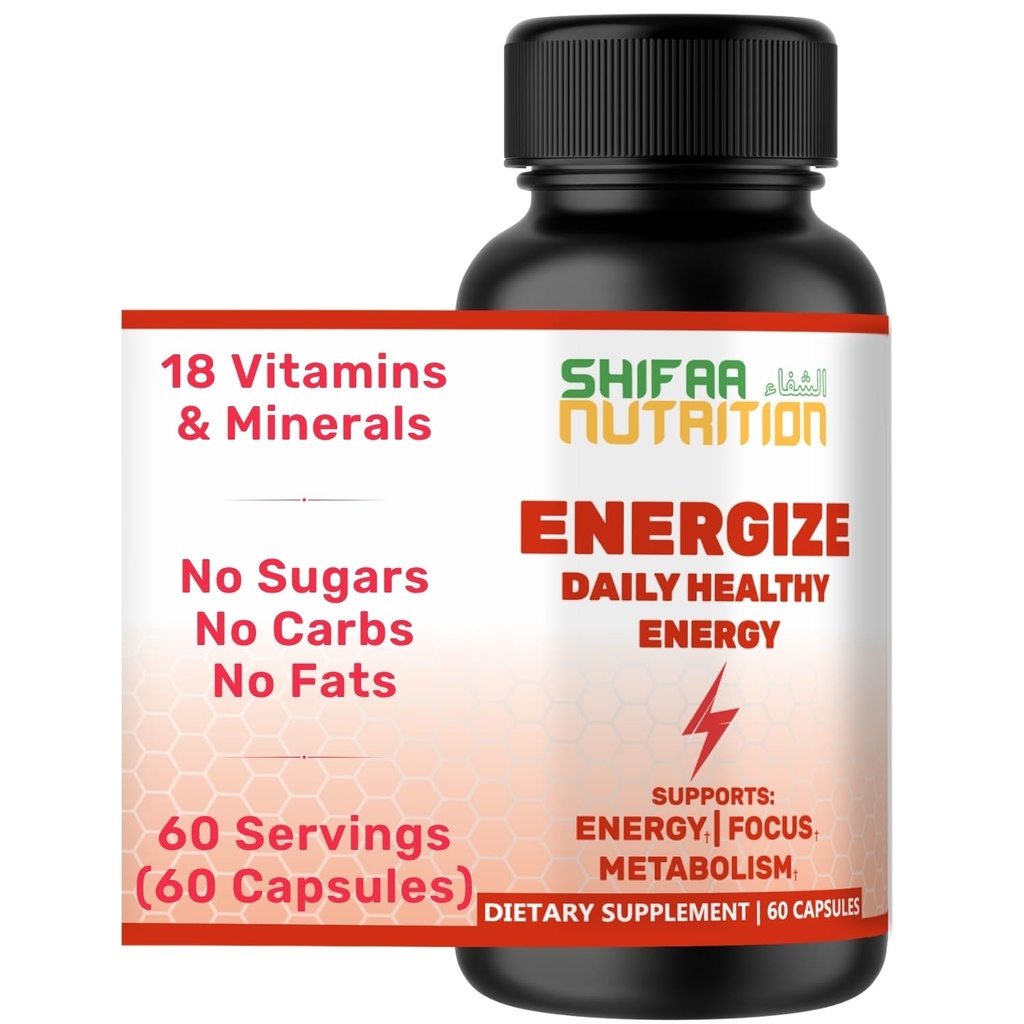 SHIFAA NUTRITION Energyze, Natural Daily Energyוויטמיןs | Jitter, 60 משרתות | תמיכה מתמקדת, Mood, Brain, Metabolism | w/Caffeine & Taurine, B1, B2, B5, B6, B7, B9, B12 Halals ויטמינים