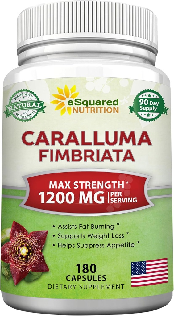 ASquared Nutrition Caralluma Fimbriata 1200 מ"ג - 180 קפסולות, חומרי גלם טבעיים הרזיה תוספי גלולת גלולות, Plant Root Appetite Suppressant & Pure Energy Booster, Max Power Slim Lean Fat Burn
