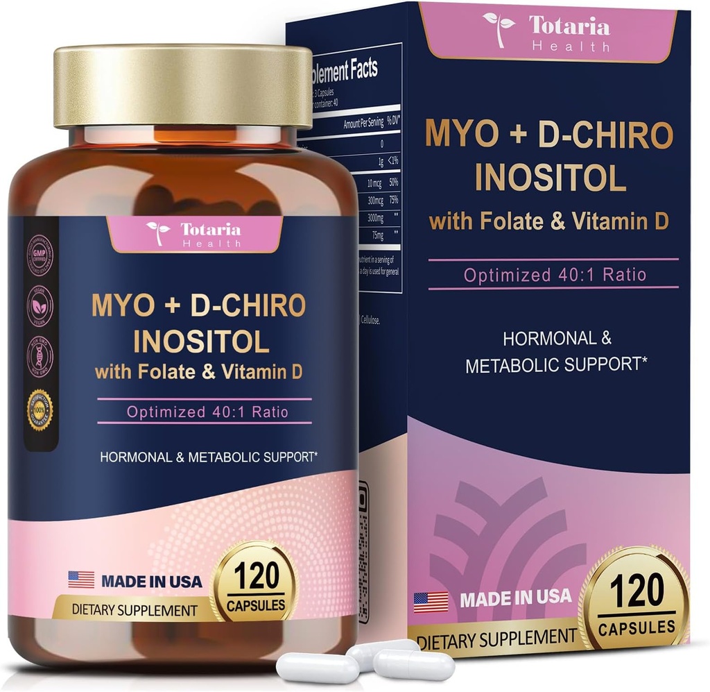 Totaria Inositol תוספת לנשים עם ויטמין D3, Folate, 40:1 Ratio Myo-Inositol 3000mg & D-Chiro Inositol 75 מ"ג מורכב, ויטמין B8 Inositol תוספת עבור נשים שיער, סקי בריאות