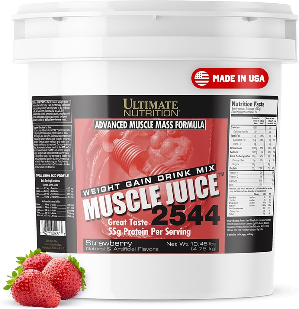 כאבי תזונה האולטימטיביים Juice, Weight Gain Drink - Mass Gainer Workout אבקת עבור גברים ונשים - תוספת עבור Lean שריר צמיחה ו Immune תמיכה עם 55g חלבון - סטרוברי, 10.45lb