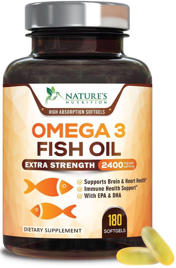 אומגה 3 שמן דגים 2400 מ"ג - תוספת כוח משולש EPA & DHA Fatty Acids for Heart, Brain & Joint Support - Wild-Caught, Burpless, Lemon Flavor - Natural, non-GMO, Gluten-Free - 180 Softgels