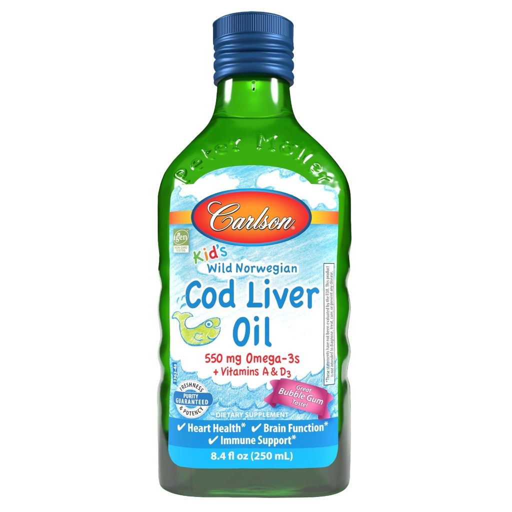 קרלסון - שמן Cod Liver של Kid, 550 מ"ג אומגה 3s, ויטמינים A & D3, Wild Norwegian, Bubble Gum, 250 mL