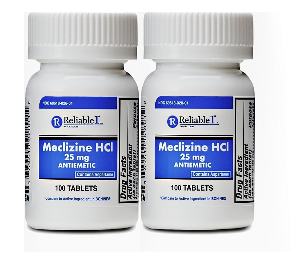 Reliable-1 מעבדות Meclizine 25 מ"ג Generic Bonine Motion חולהness (100 טבליות Chewable כל (2-Pack) - מניעת נוזה, שכנוע, ו Dizziness הנגרמת על ידי תנועת חולים