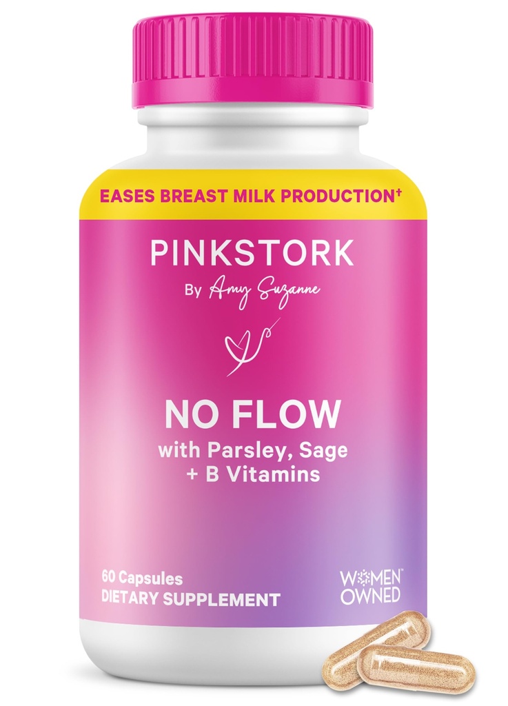 Pink Stork No Flow: מייבש חלב חזה עם סייג', Parsley ו- B ויטמינים, Postpartum Essentials for Women to Stop Breastfeeding and Decrease Milk Production, 60 קפסולות