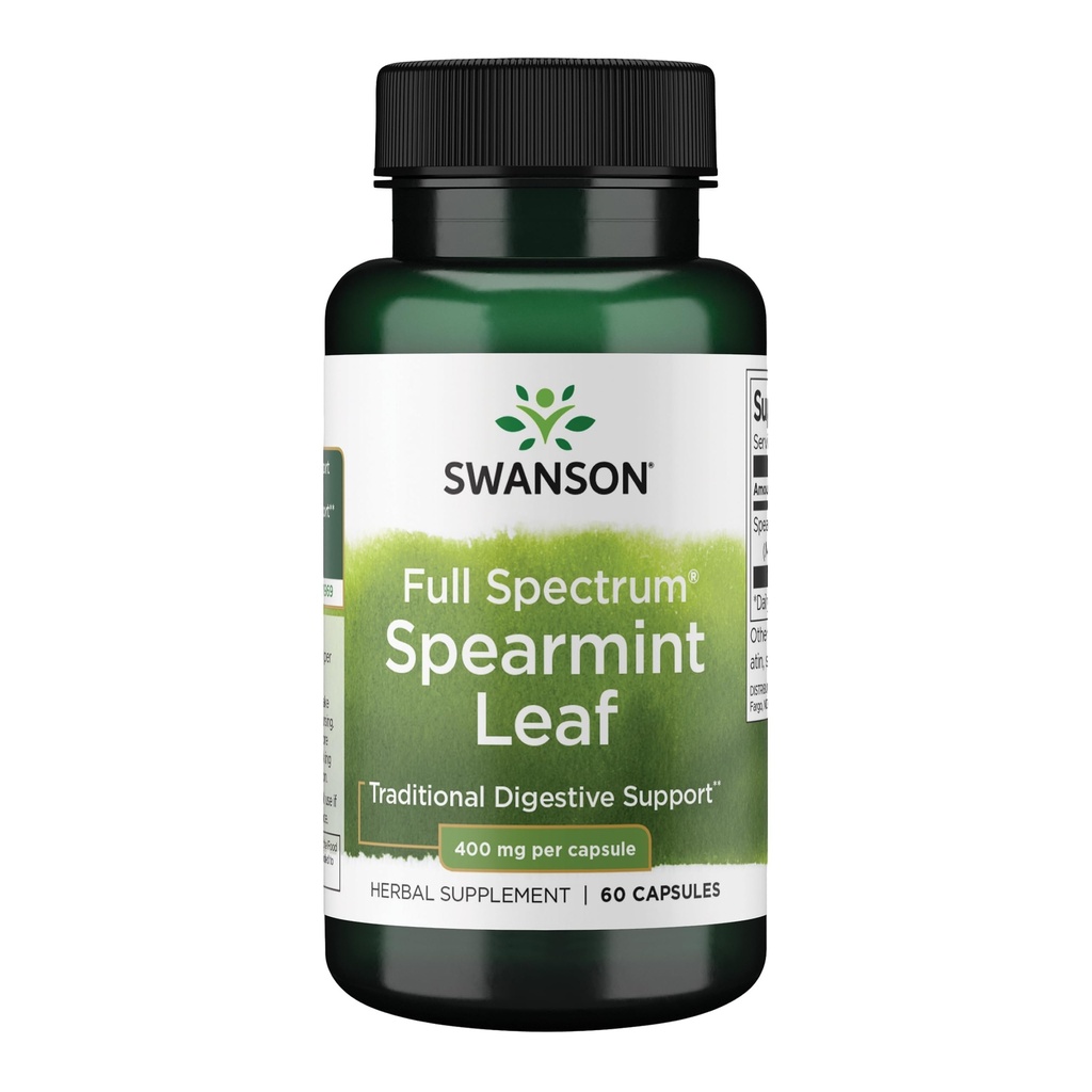 Swanson Spearmint Leaf (Mentha Spicata) - תוסף מלוא Spectrum Herbal התומכים בבריאות העיכול ובבעיות מילד Stomach - פורמולה טבעית התומכים בבריאות ובבריאות - (60 קפסולות, 400 מ"ג כל)
