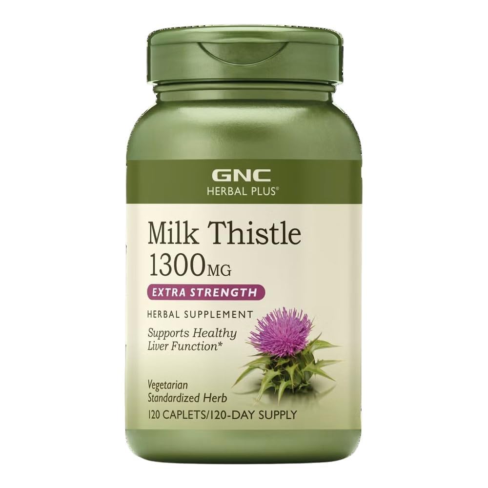 GNC Herbal Plus Milk Thistle 1300 מ"ג תוספת כוח, Vegetarian, תומך בתפקוד Liver בריא, 120 משרתים