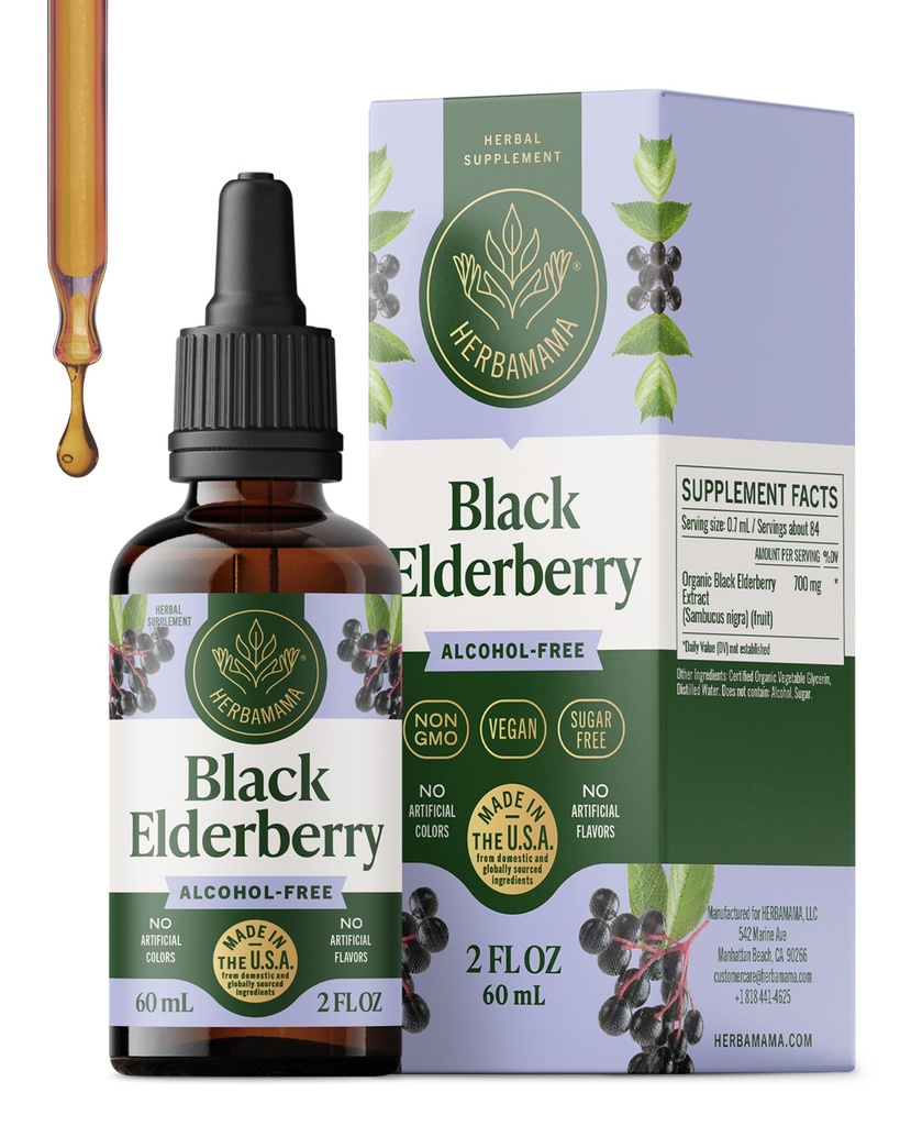HERBAMAMA Black Elderberry Drops - זקני טבעוניים לחלץ תמיכה ב-Immune - non-GMO, אלכוהול וסוכר חינם תוספת חסינות, 21 ימים אספקה