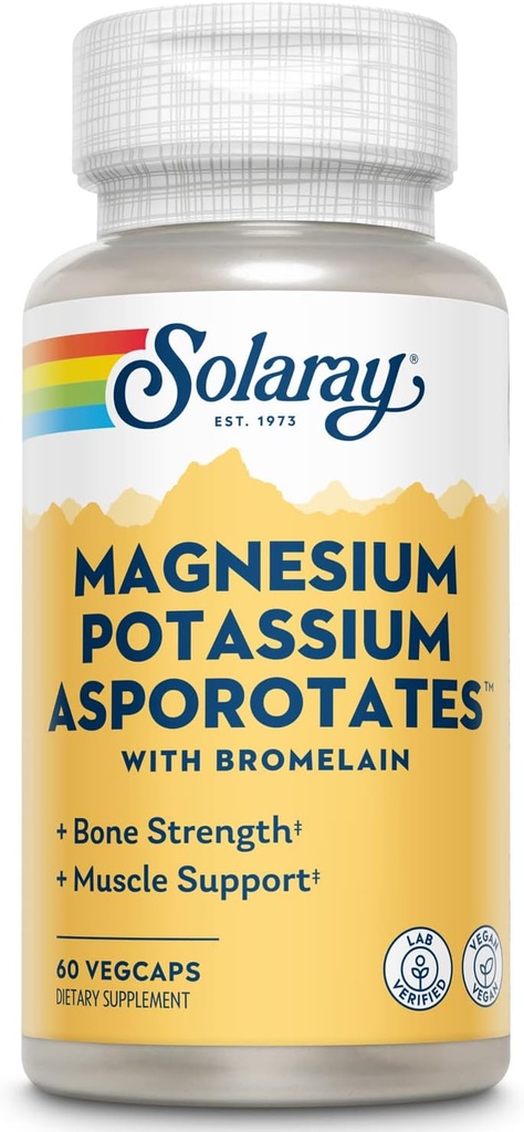 Solaray Magnesium ו- Potassium Asporotates w/Bromelain, Healthy Electrolyte, השרירים, הלב והתאים תמיכה, 60 VegCaps