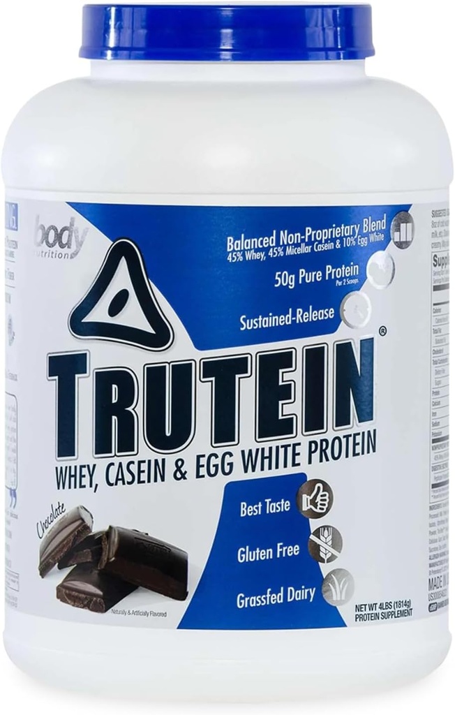 אבקת חלבון גבוהה גוף Trutein גבוה חלבון: 45% Whey, 45% מקרהין, 10% ביצה לבן, Gluten-Free, Low Sodium, Grass פד Whey חלבון אבקת, תוספת התעמלות & ארוחת בוקר שקד, שוקולד, 4lb