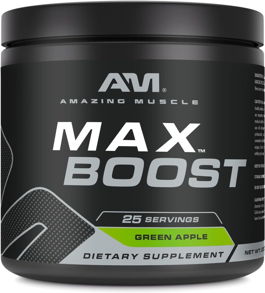 שריר מדהים מקס Boost | 25 משרתים | Intense Pre-Workout תוספת לגברים ונשים | מכיל Creatine Monohydrate, Caffeine, Beta-Alanine, Betaine (25 משרתים, Apple ירוק)