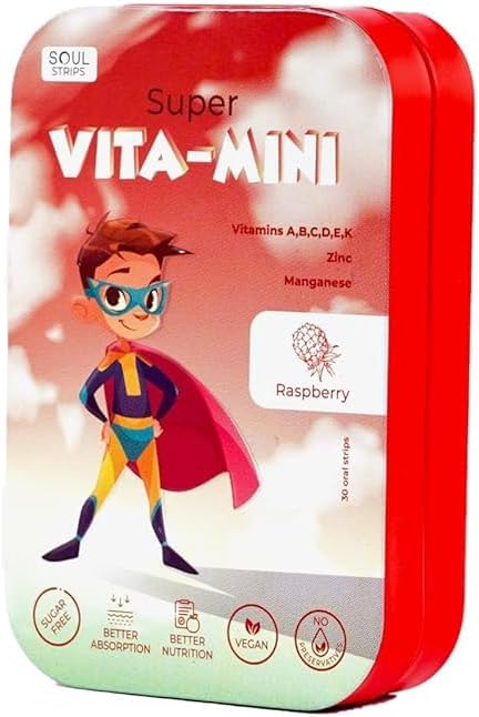 Soul Strips Super Vita-Mini - ויטמינים חיוניים A, B, C, D, E, K & מינרלים לילדים צמיחה ובריאות, Raspberry Flavor, Zero Sugar, 100% טבעוני, 30 Strips Pack